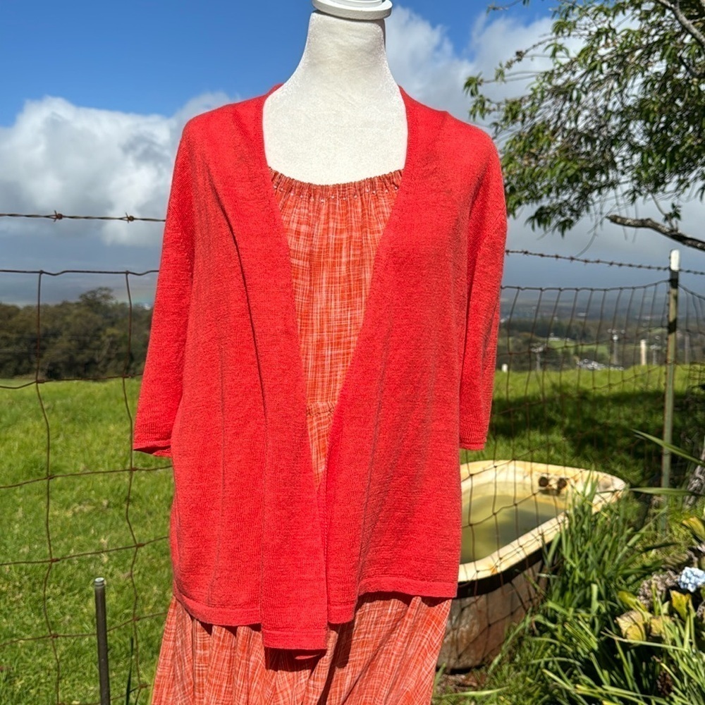 Eileen Fisher linen orange short sleeve lightweight cardigan sweater Small